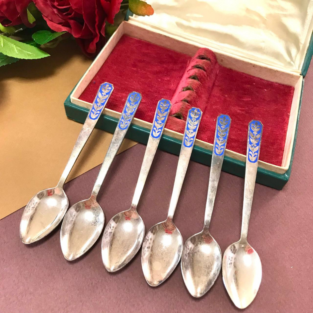 Кофейные ложки. МНЦ с серебрением и эмалью. Ленинградская ЮФ "Русские самоцветы". Винтаж. Цена за 6. Картинка 1